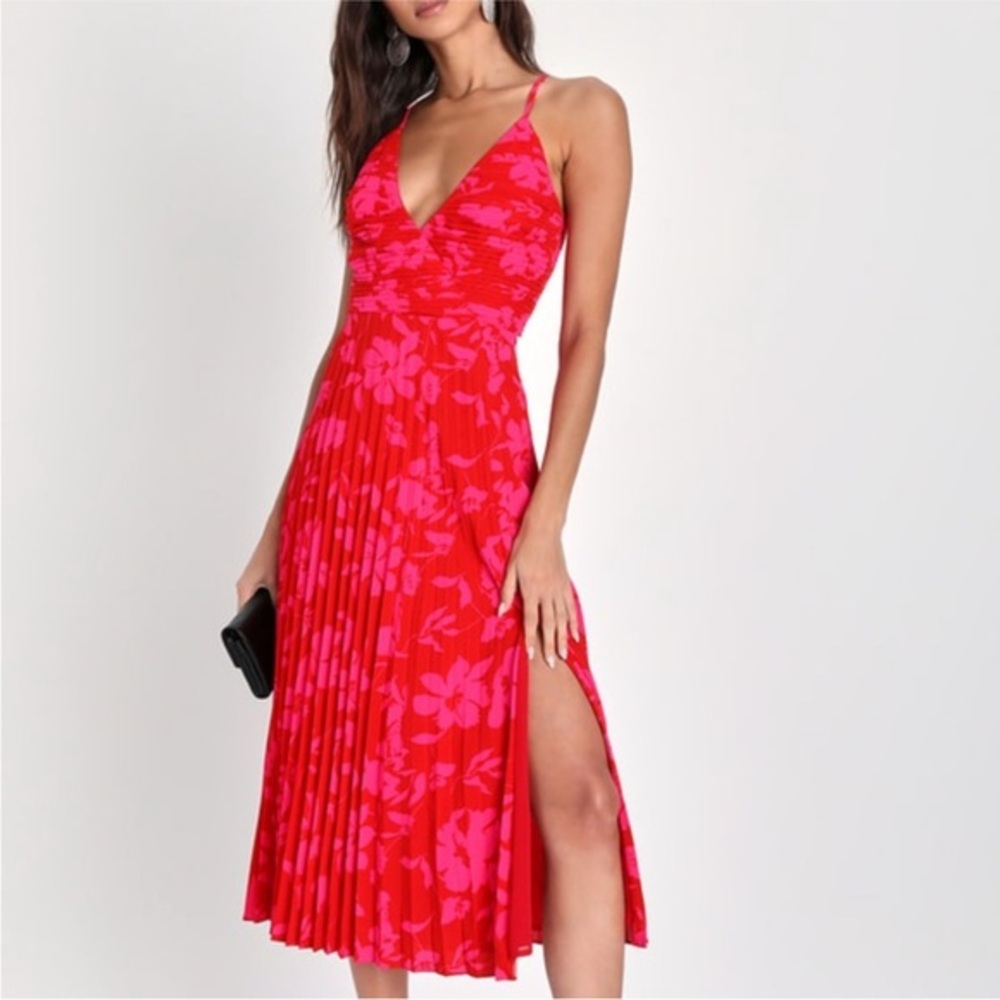 Lulus Vibrant Moment Red and Pink Floral Pleated Lace-Up Midi Dress